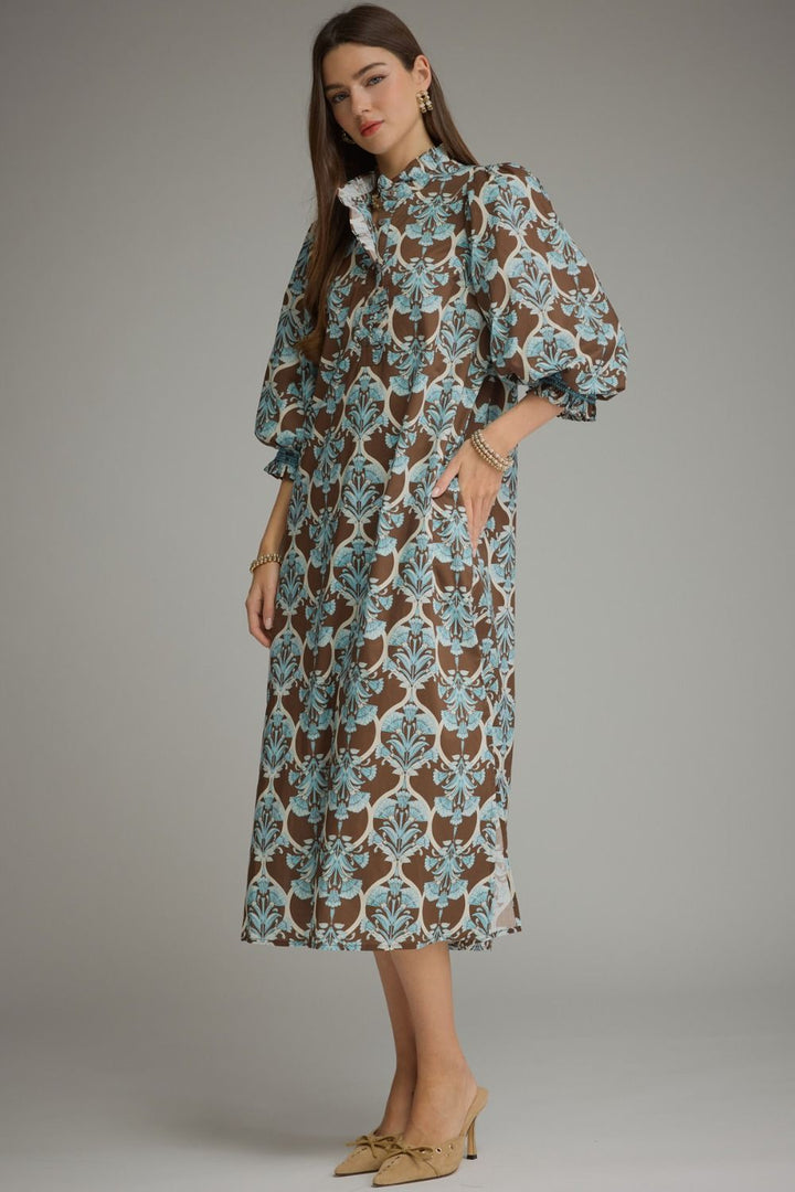 Printed Ruffle Collar Midi Dress- Brown