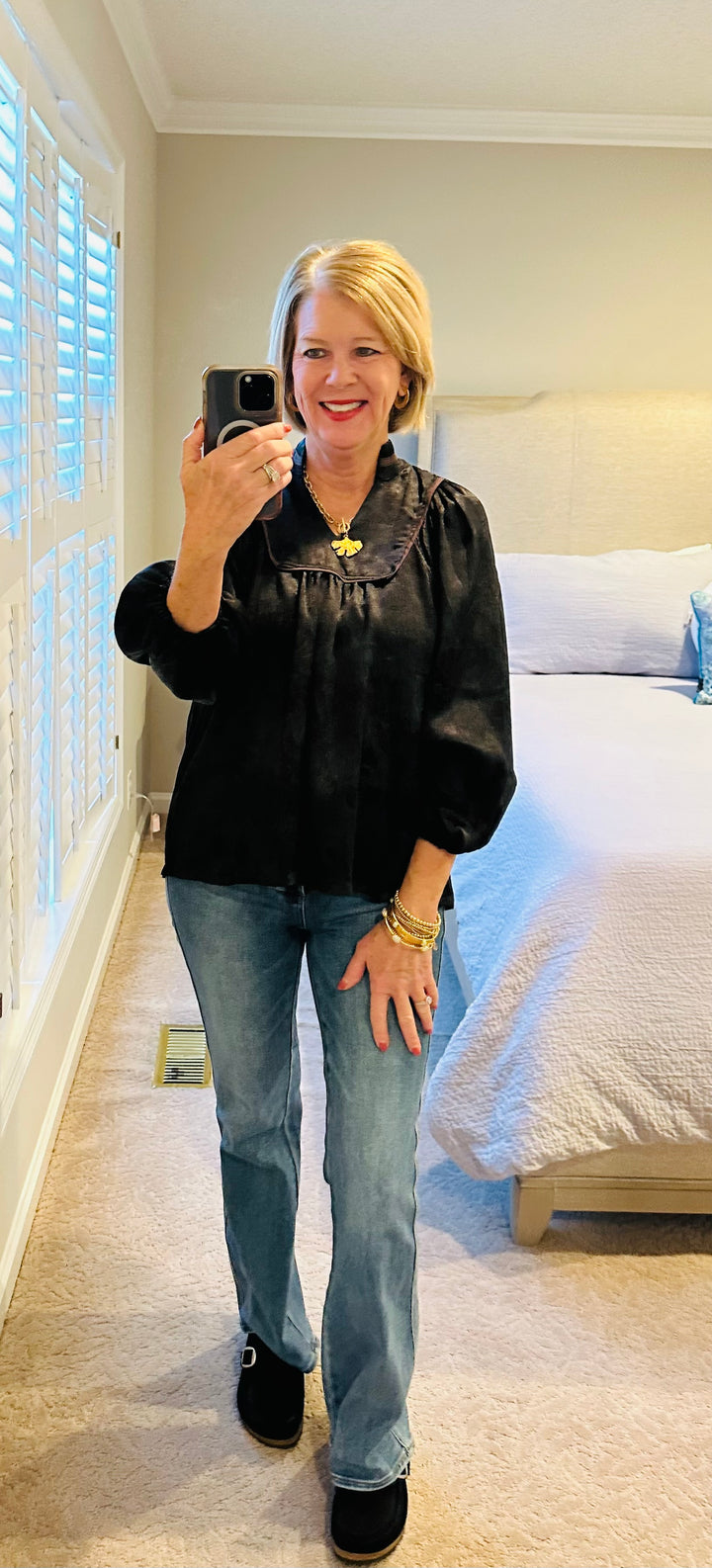 Crinkle Brocade Blouse- Black