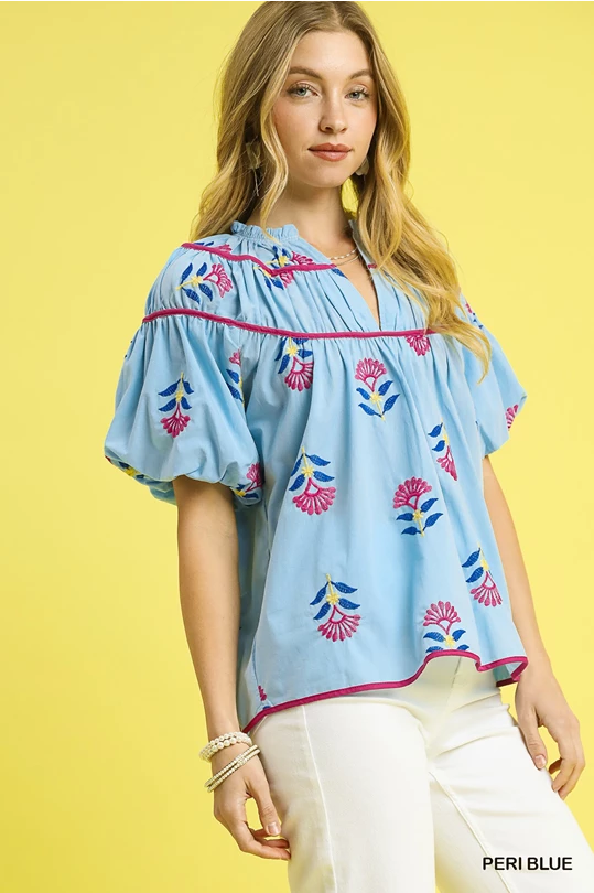 Meadow Bloom Embroidered Top- Blue