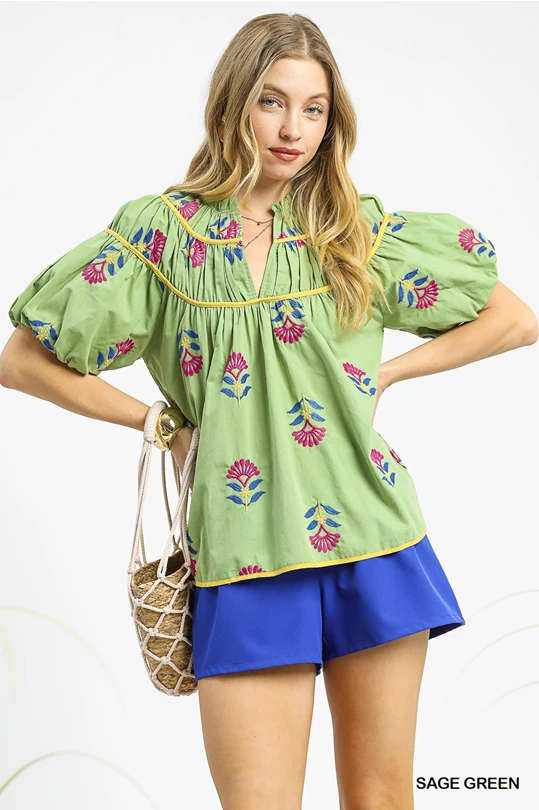 Meadow Bloom Embroidered Top- Sage