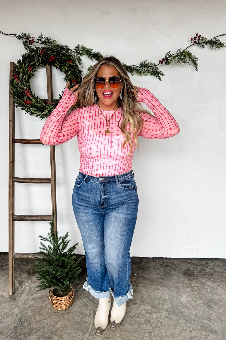 Christmas Mesh Top- Pink & Red Bows