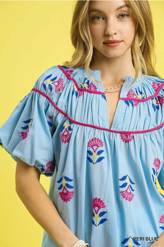 Meadow Bloom Embroidered Top- Blue