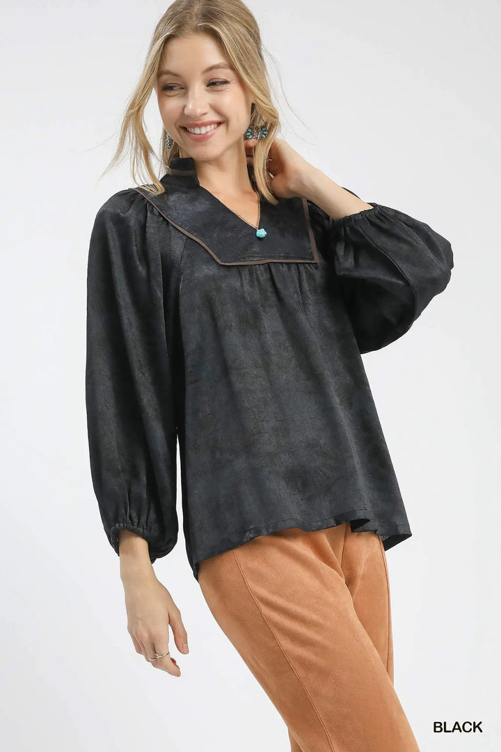 Crinkle Brocade Blouse- Black