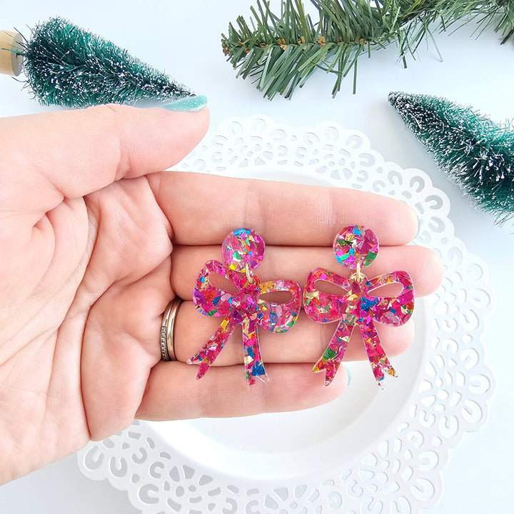 Bow Earrings - Pink Sparkle // Christmas, Holiday