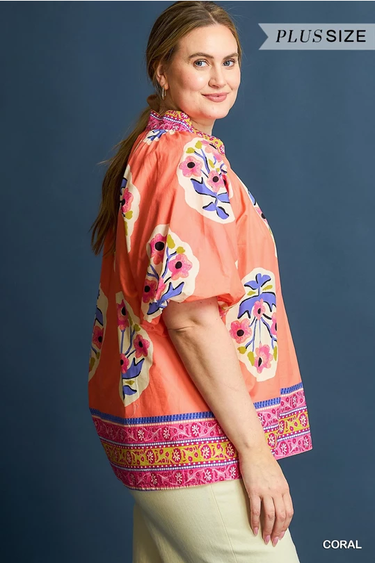 Coral Floral Boho Top- Plus