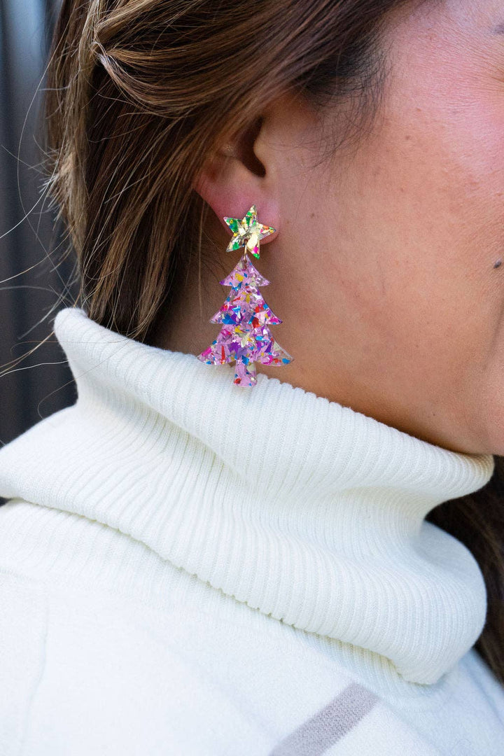 Christmas Tree Earrings - Light Pink Sparkle // Holiday