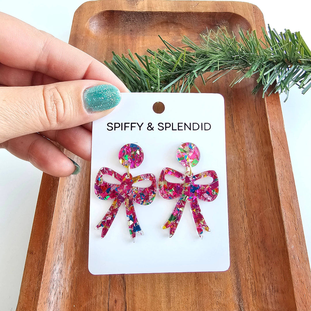 Bow Earrings - Pink Sparkle // Christmas, Holiday