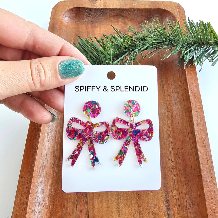 Bow Earrings - Pink Sparkle // Christmas, Holiday