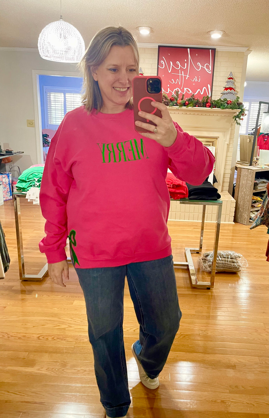 Hot pink sweatshirt with green side bows