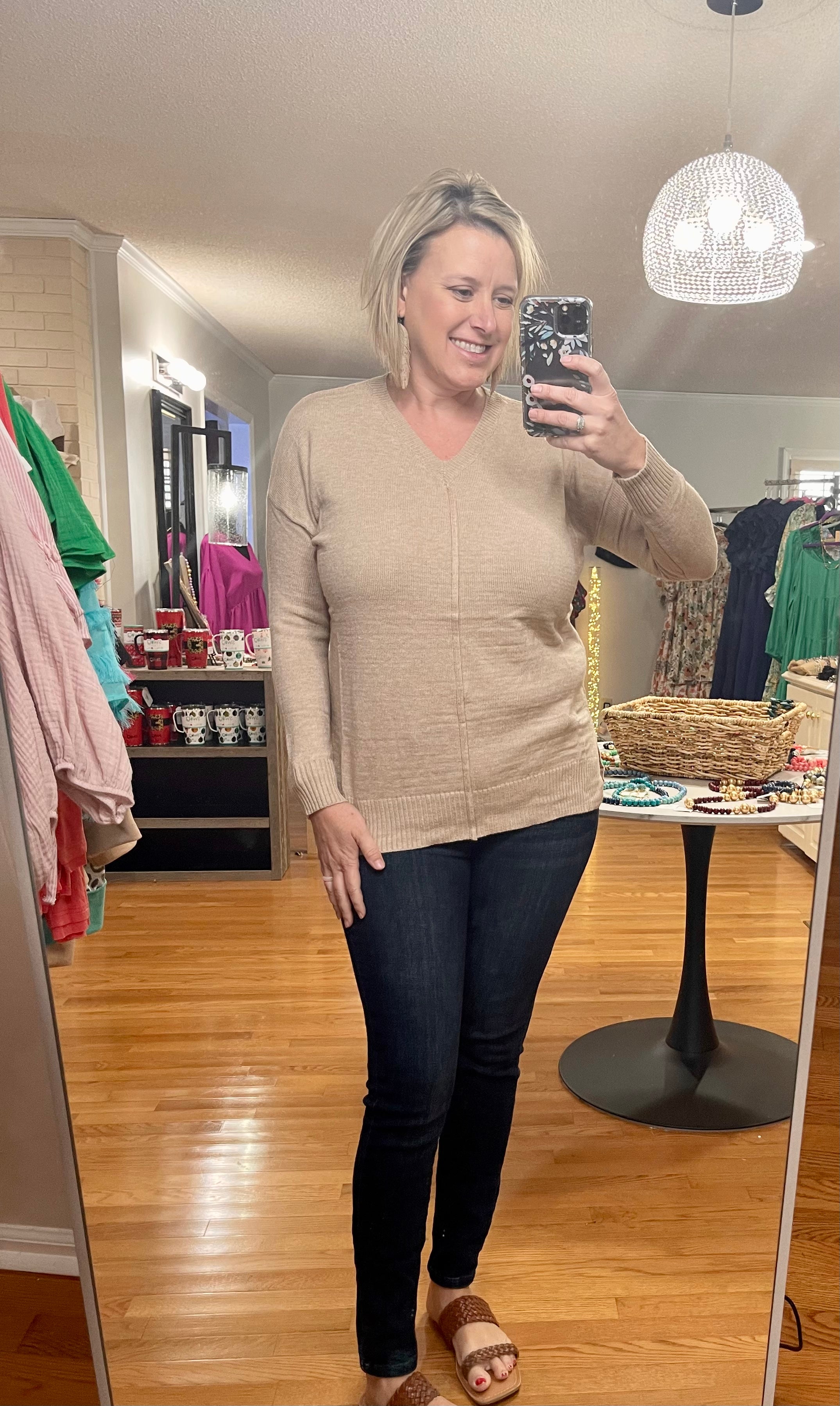 V neck oatmeal color sweater