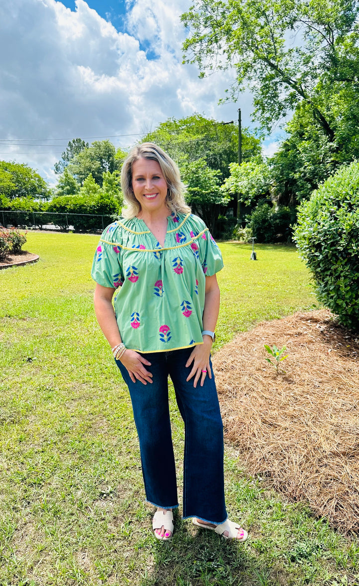 Meadow Bloom Embroidered Top- Sage