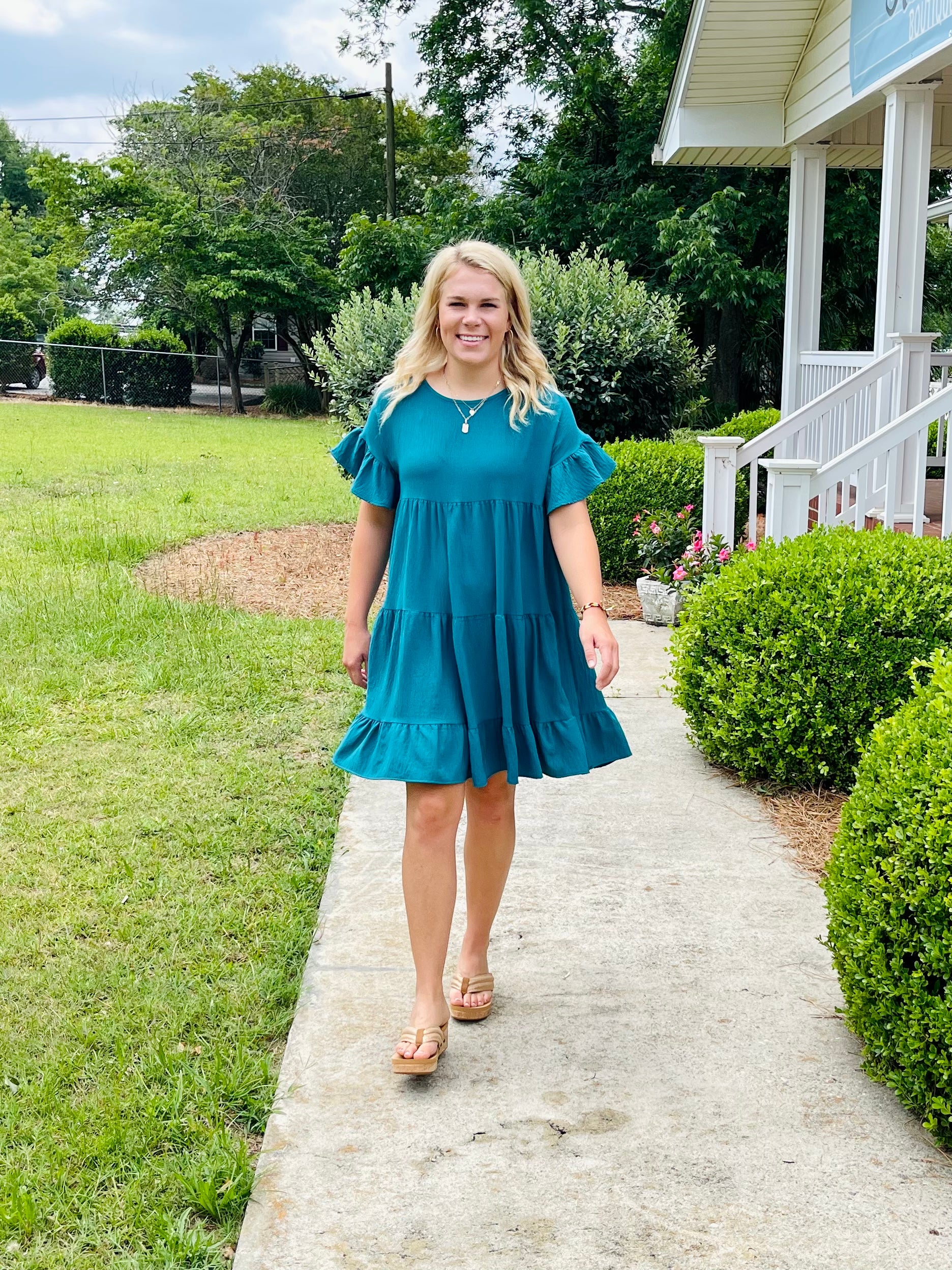 Boat Neck Ruffle Babydoll dress- teal