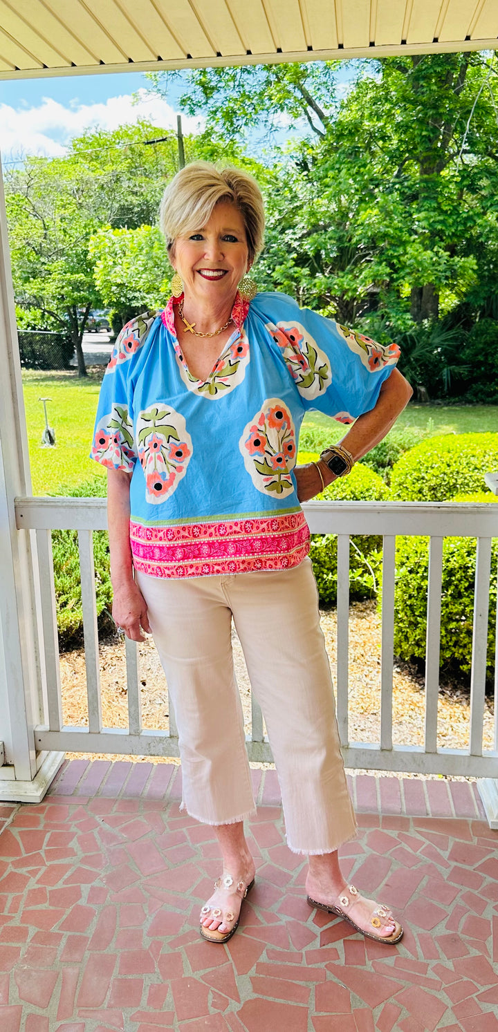 Blue Floral Boho Top
