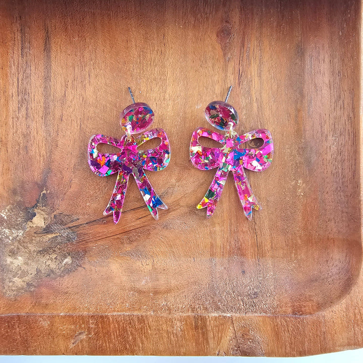 Bow Earrings - Pink Sparkle // Christmas, Holiday