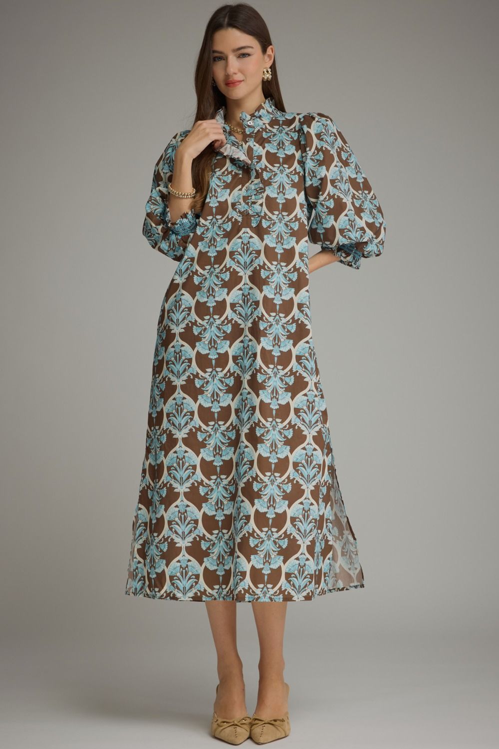 Printed Ruffle Collar Midi Dress- Brown