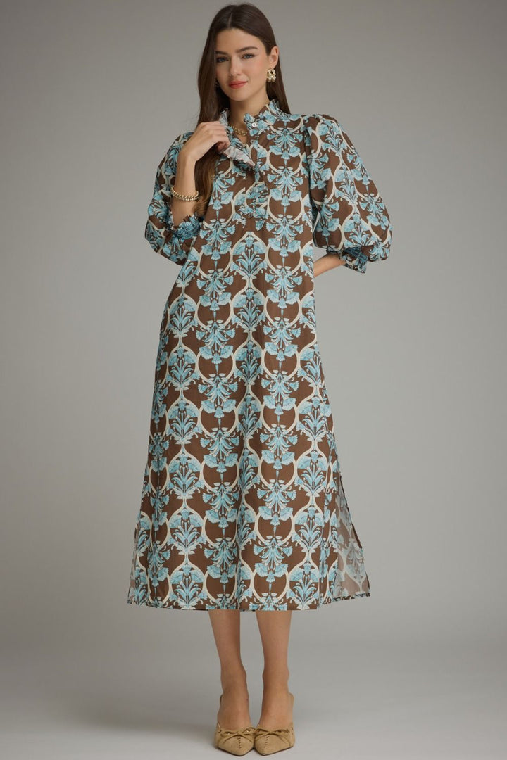 Printed Ruffle Collar Midi Dress- Brown