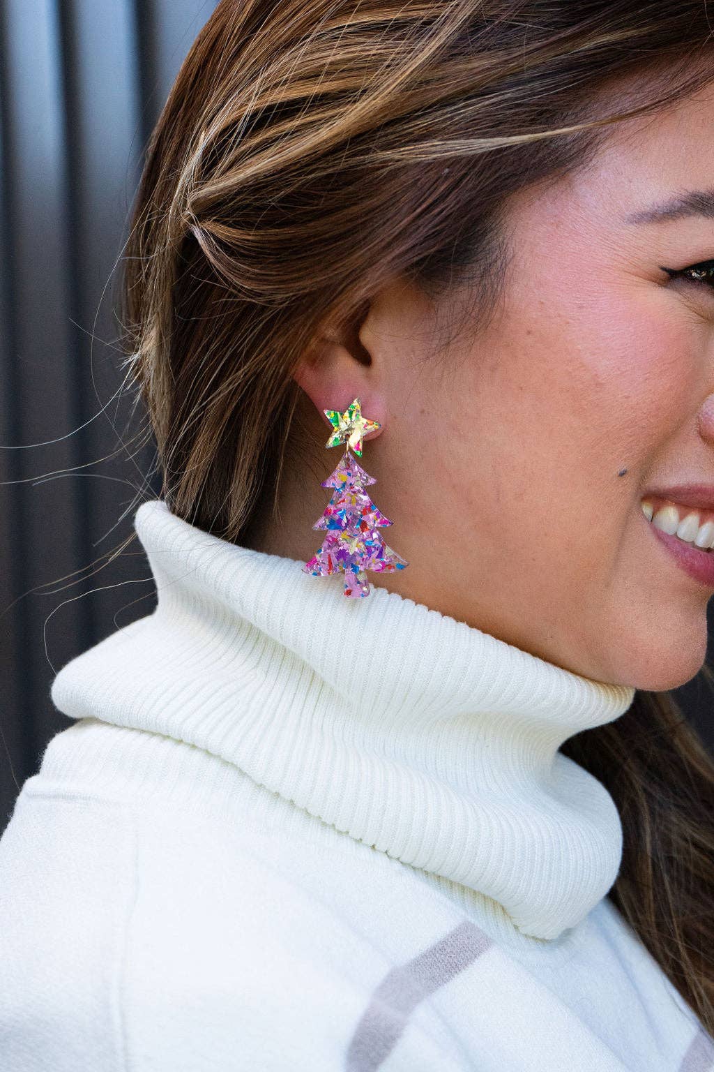 Christmas Tree Earrings - Light Pink Sparkle // Holiday