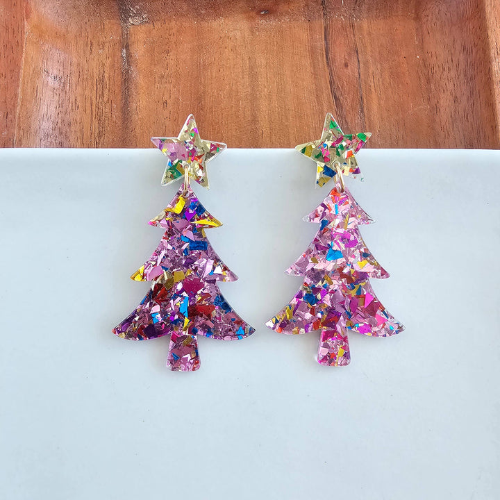 Christmas Tree Earrings - Light Pink Sparkle // Holiday