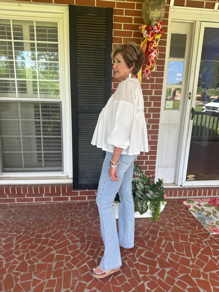 The Eloise – Lace Appliqué Mixed Media Blouse