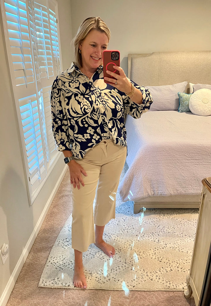 Navy and Cream Button Down Top