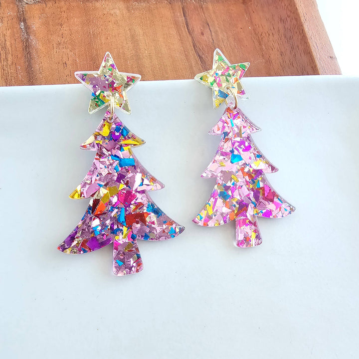 Christmas Tree Earrings - Light Pink Sparkle // Holiday