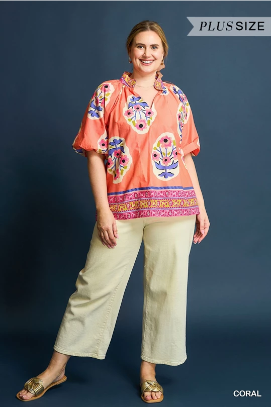 Coral Floral Boho Top- Plus