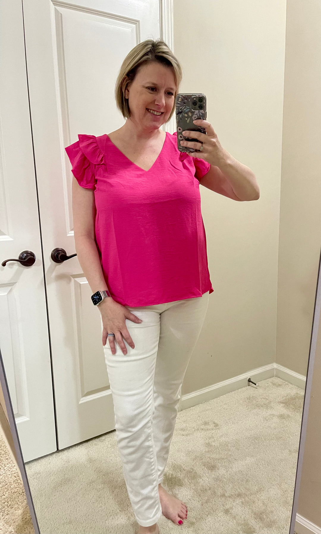 V neck sleeveless top with ruffle -hot pink