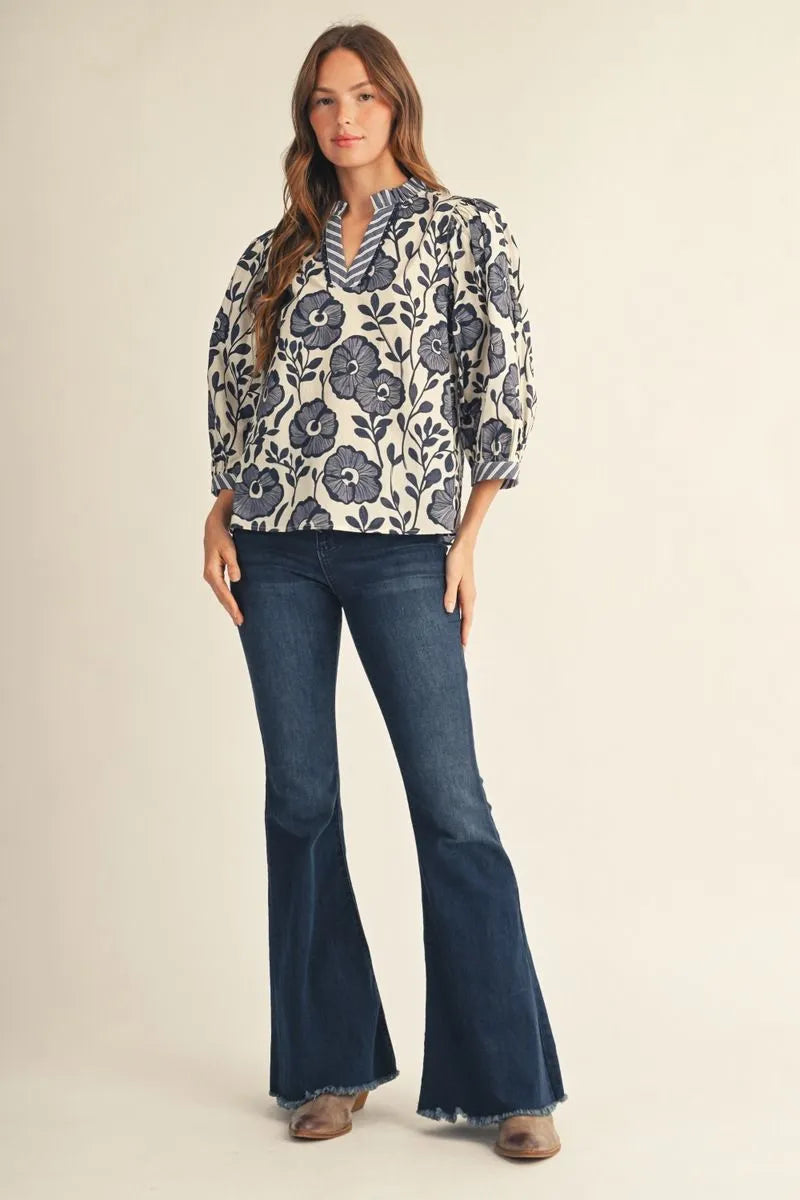 Navy Garden Stripe-Trim Top