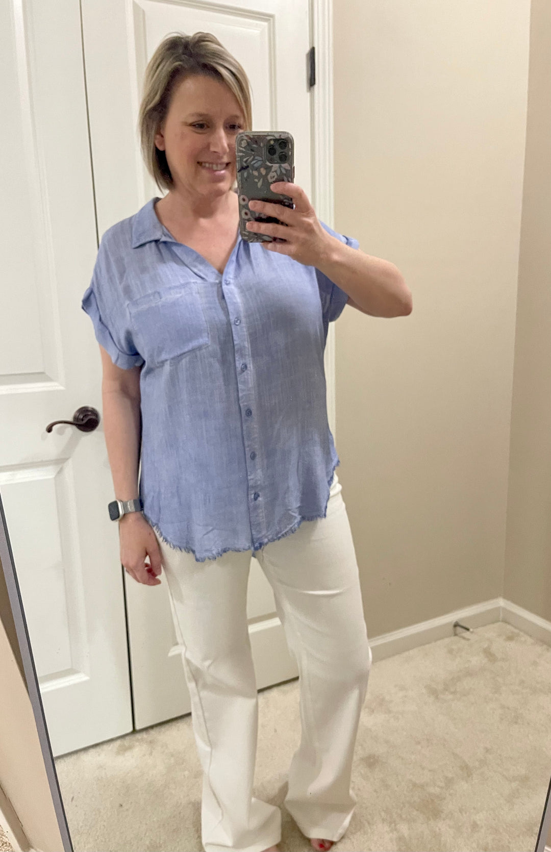 Short sleeve button top with distressed hem-blue