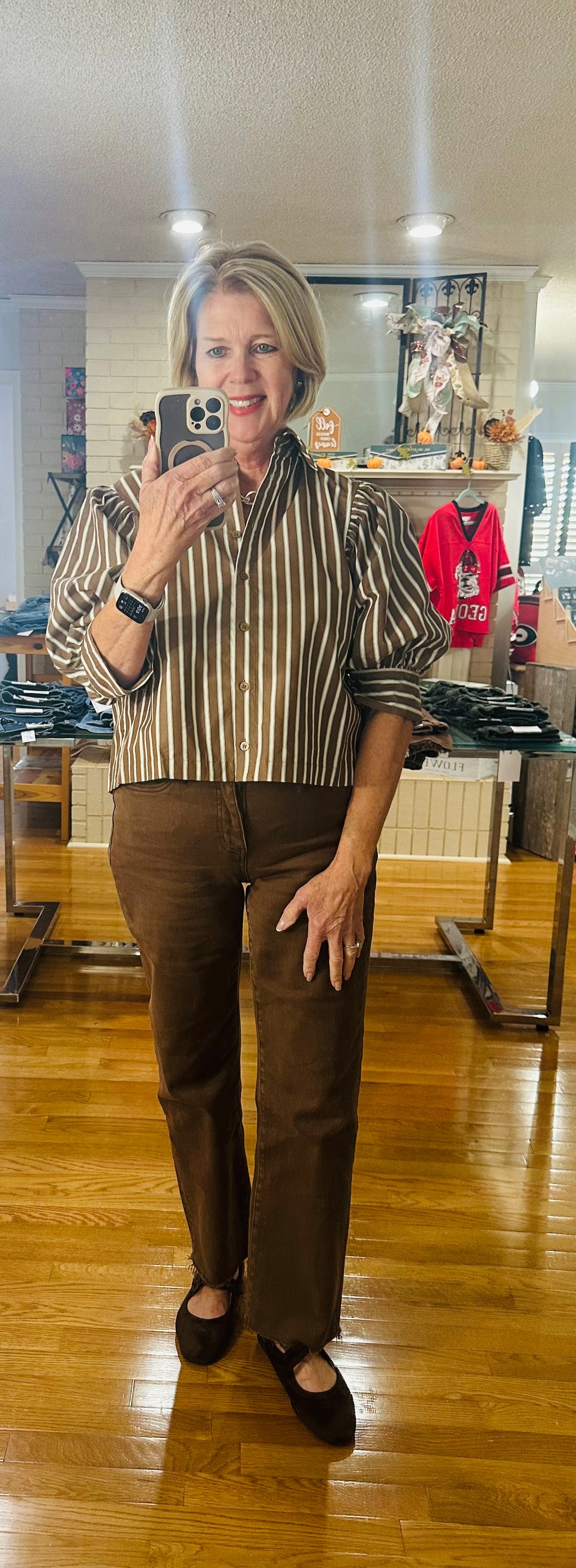 Brown Stripe Button-Front Top