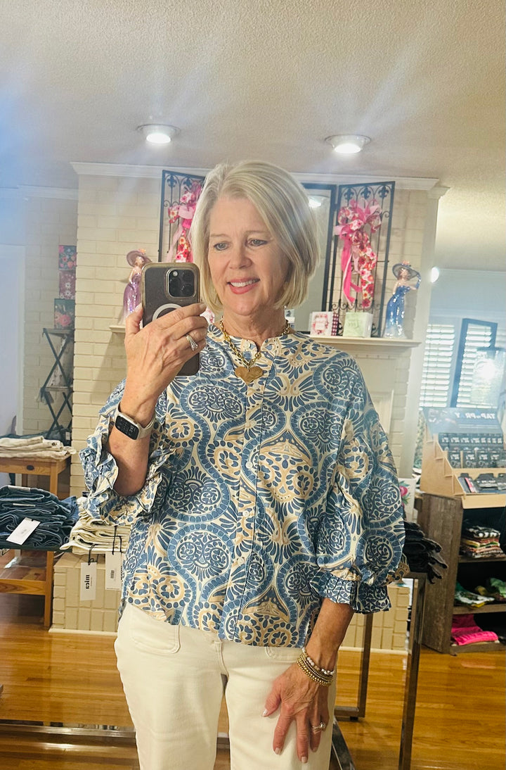 Blue Damask Ruffle Blouse