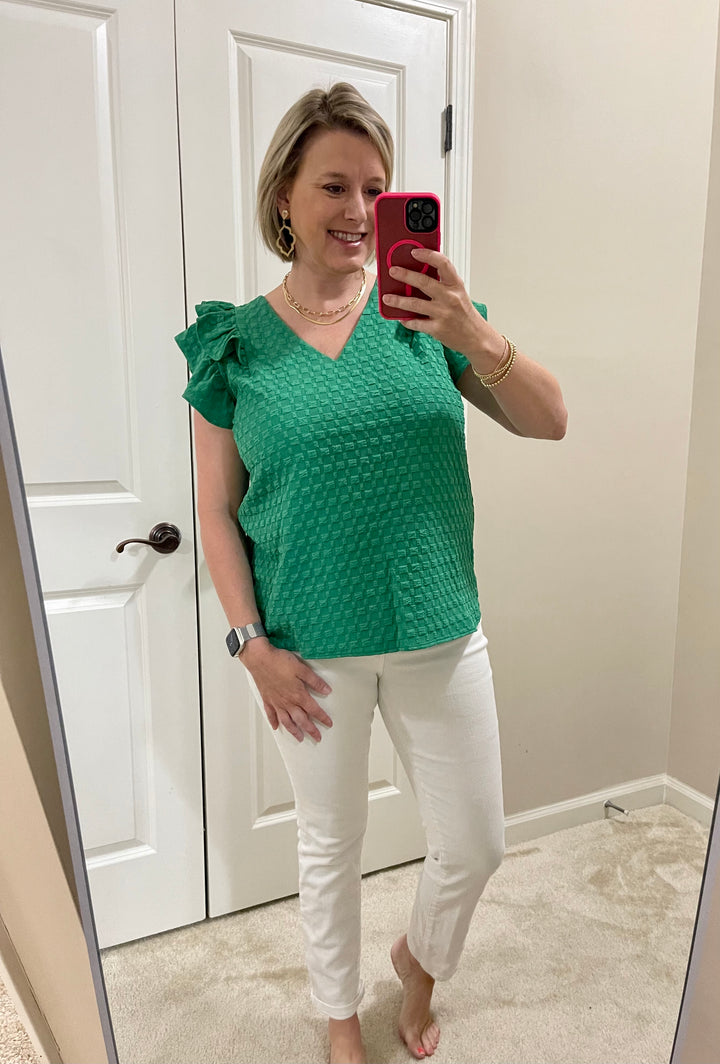 Textured V Neck Top with Ruffle- Green