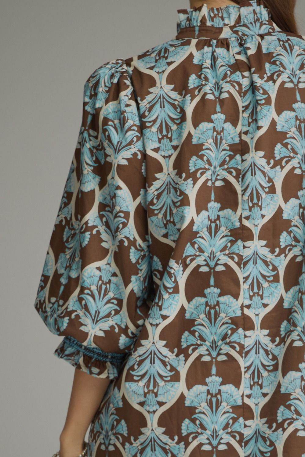 Printed Ruffle Collar Midi Dress- Brown