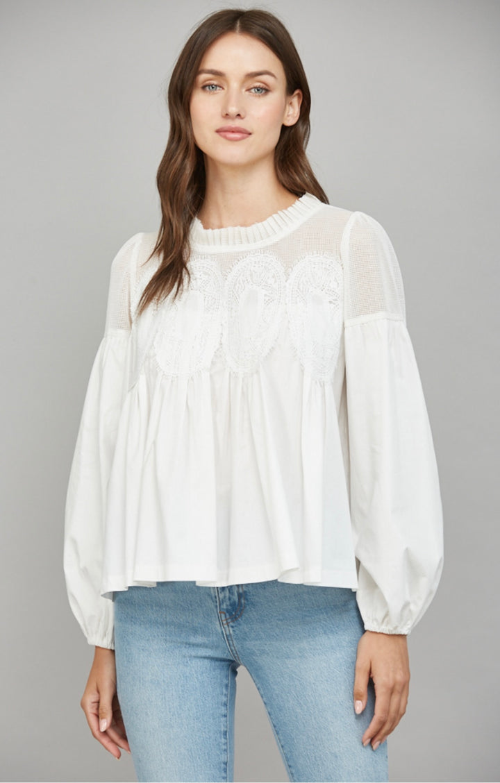 The Eloise – Lace Appliqué Mixed Media Blouse
