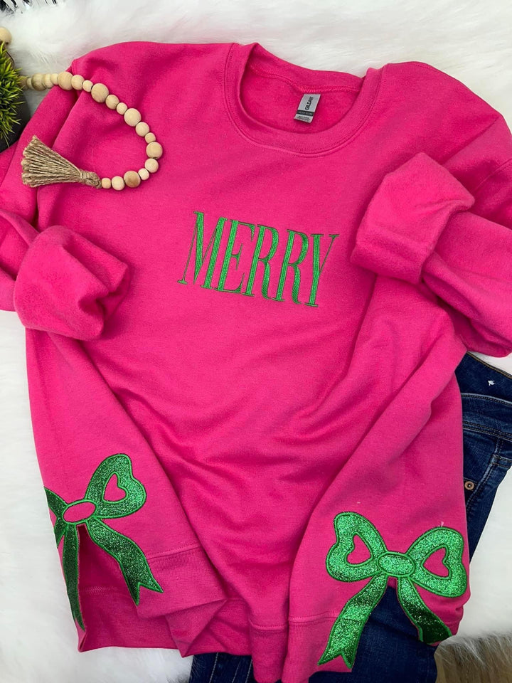 Hot pink sweatshirt with green side bows