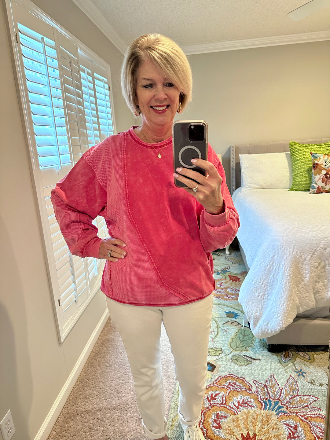 French terry Mineral Wash long sleeve top- fuchsia