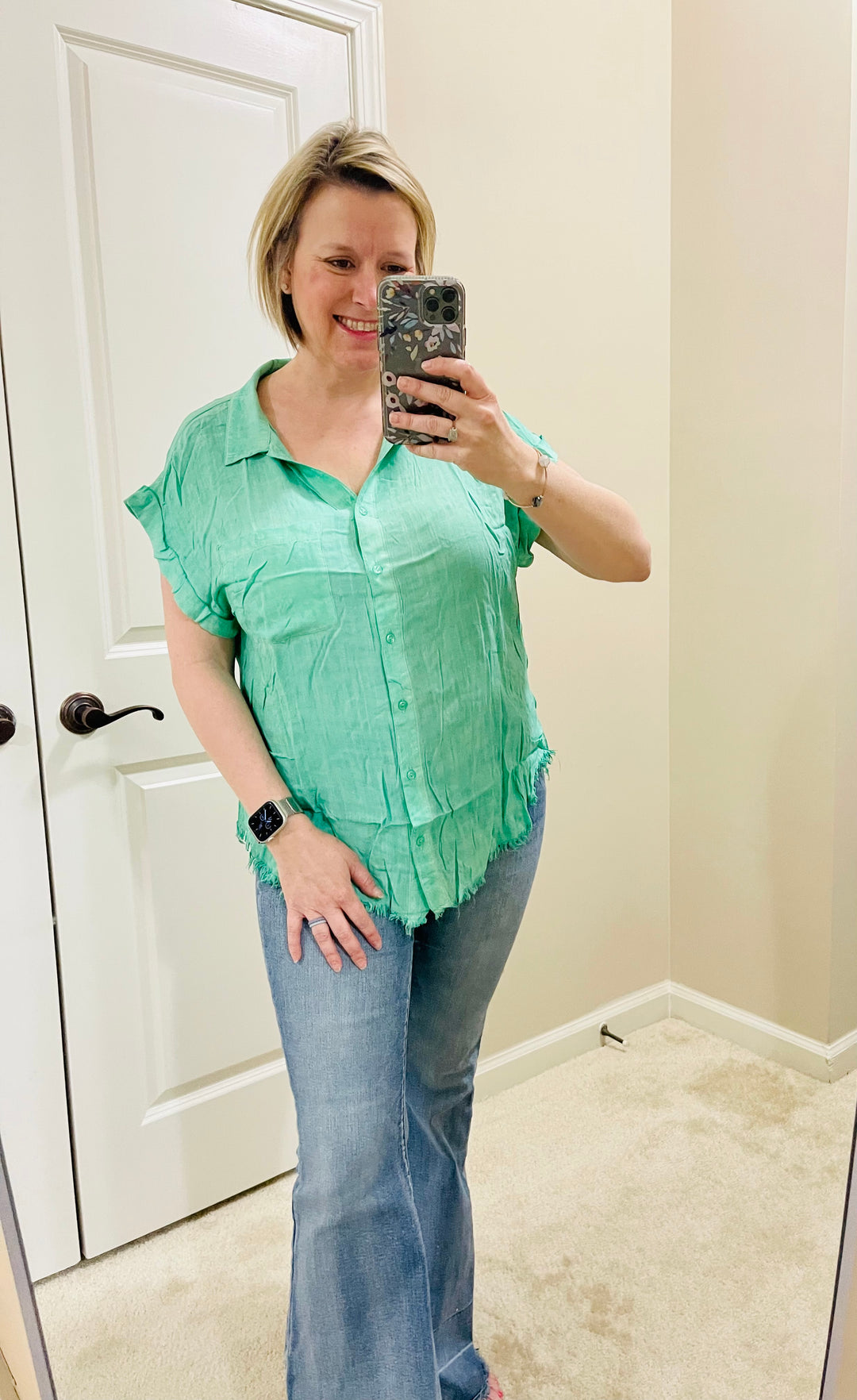 Short sleeve button top with distressed hem-light green
