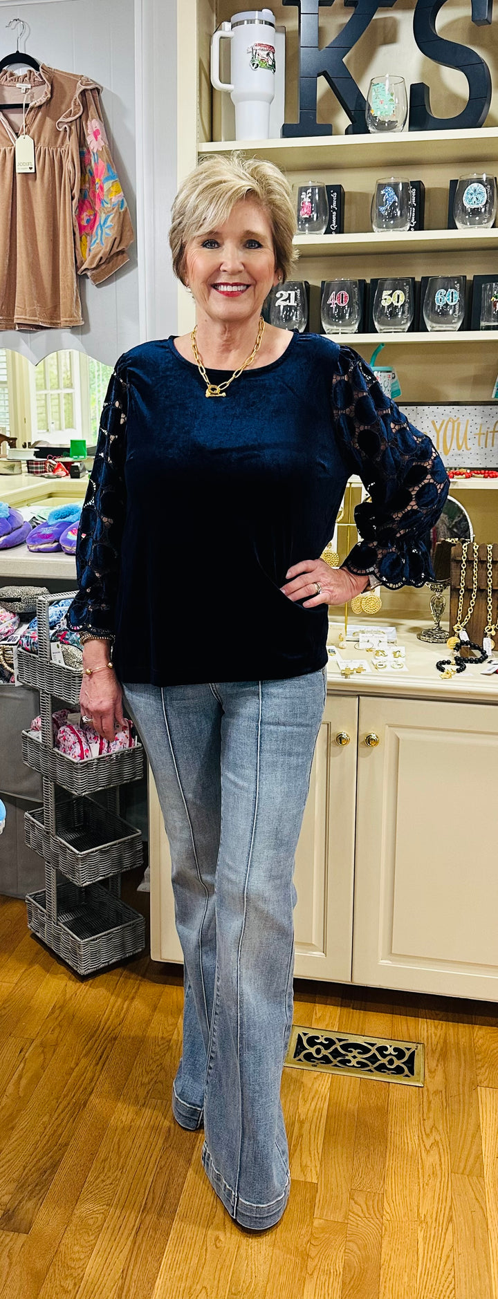 Navy Velvet Polka dot sleeve top