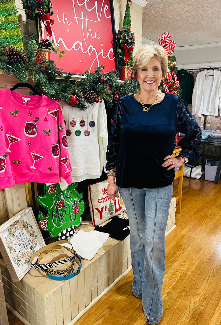 Navy Velvet Polka dot sleeve top