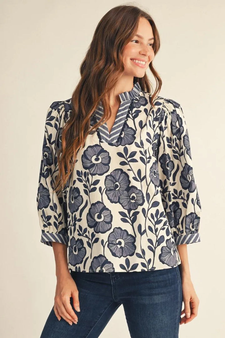 Navy Garden Stripe-Trim Top