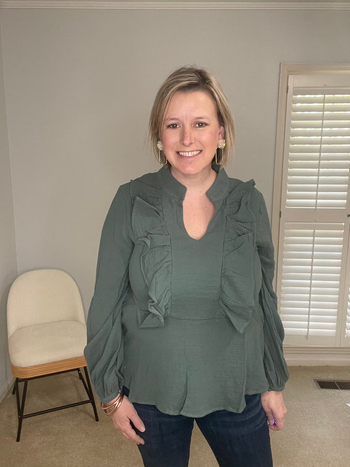 Ruffle Front Gauze Blouse- Teal