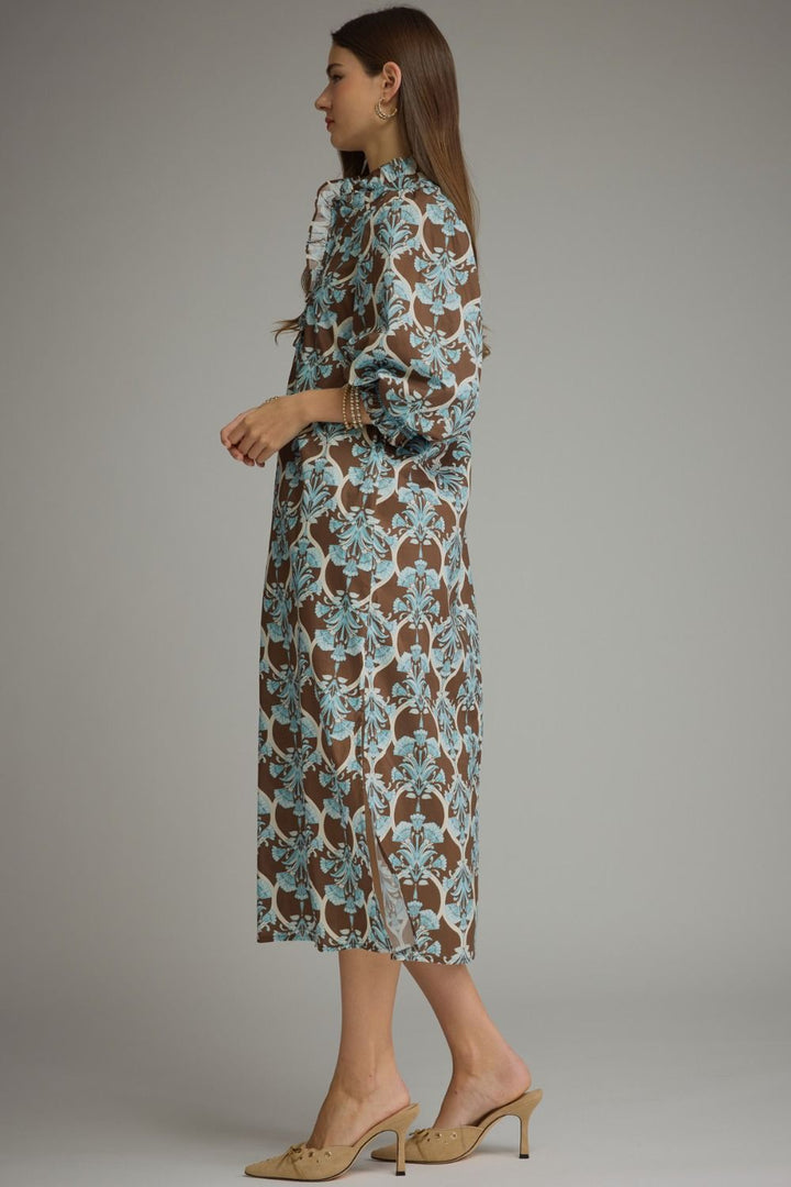 Printed Ruffle Collar Midi Dress- Brown