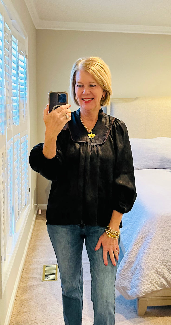 Crinkle Brocade Blouse- Black