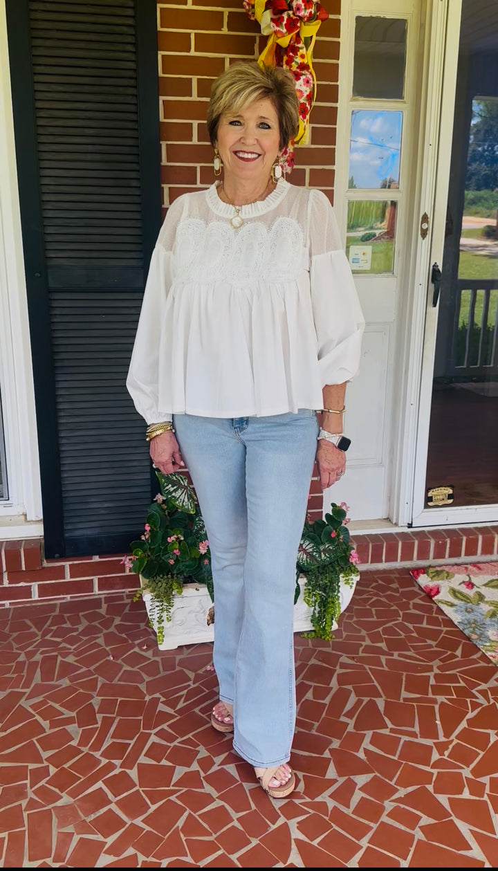 The Eloise – Lace Appliqué Mixed Media Blouse