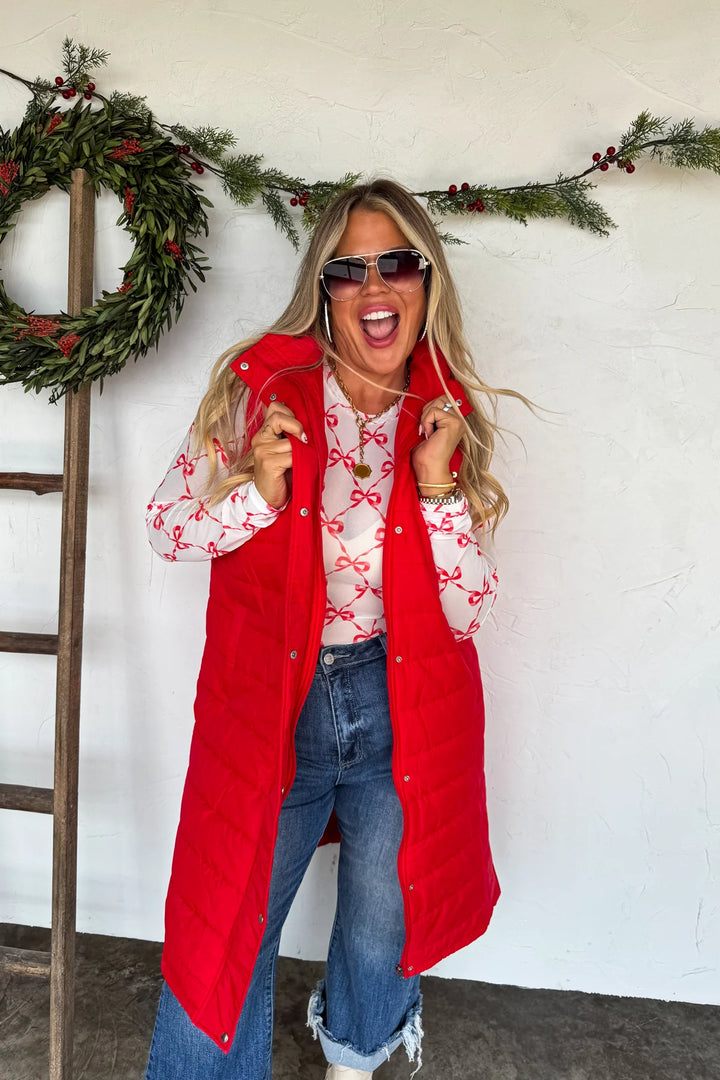 KENDALL LONG PUFFER VEST- RED