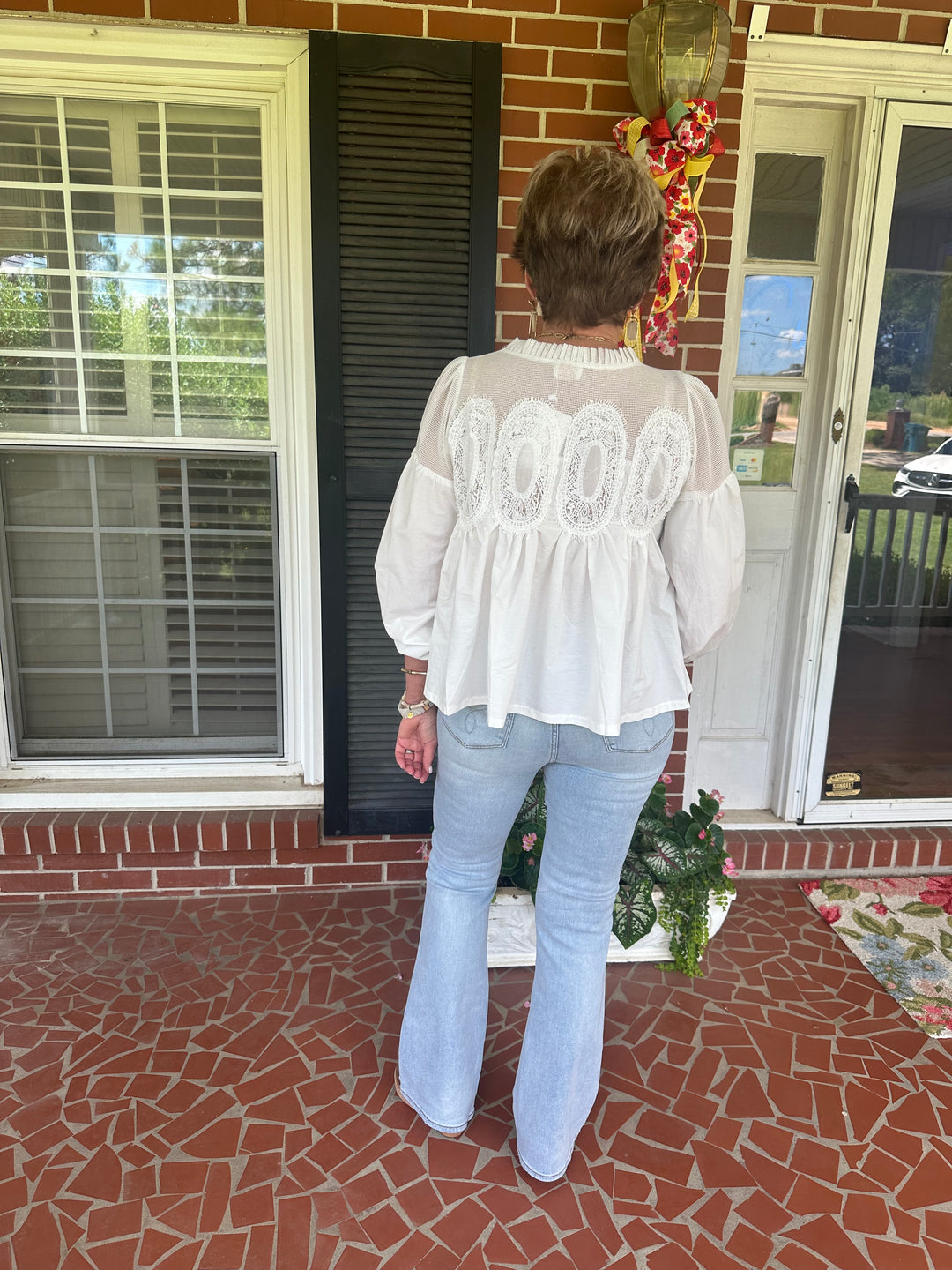 The Eloise – Lace Appliqué Mixed Media Blouse