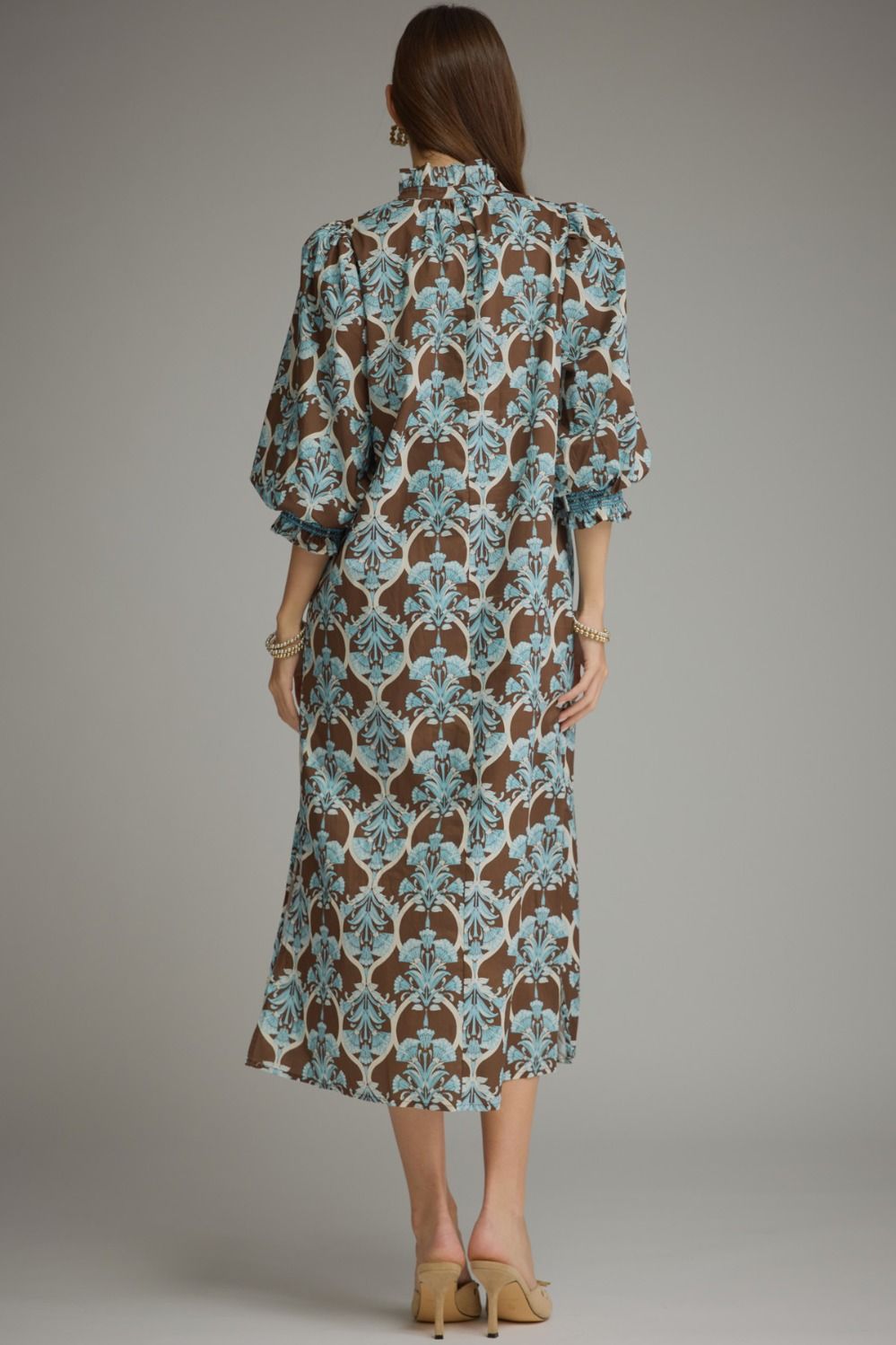Printed Ruffle Collar Midi Dress- Brown