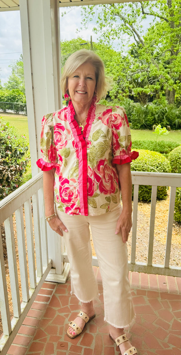 Pink and Red Ruffle Trim Top- Plus Size