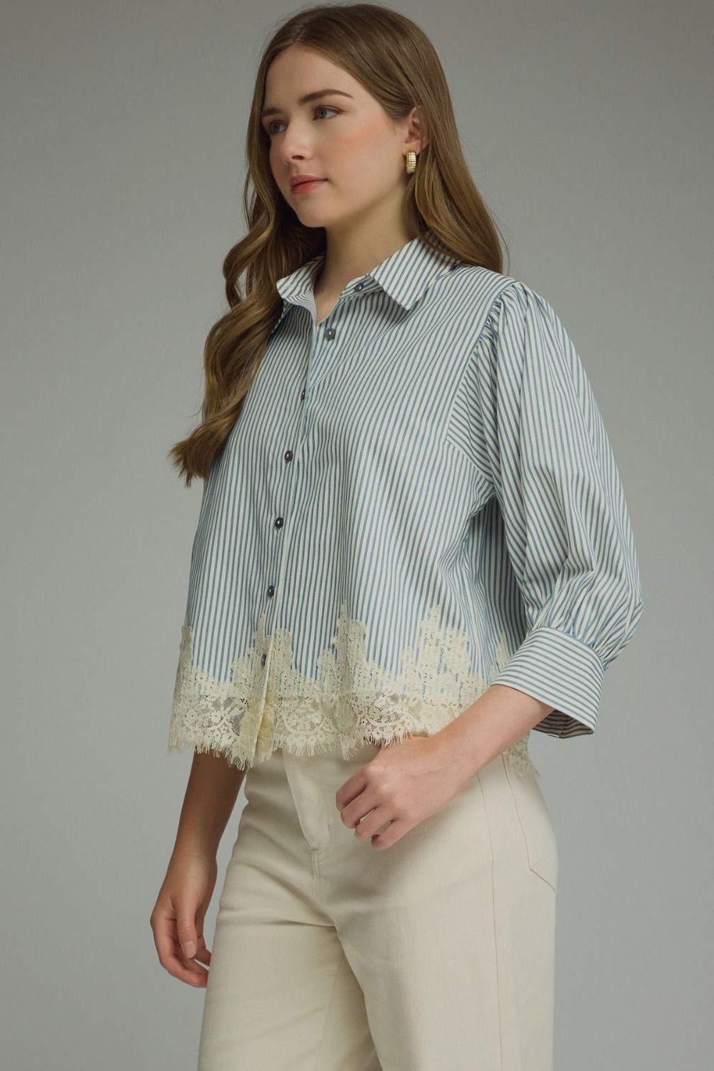 The Charlotte Lace Trim Blouse - Chambray