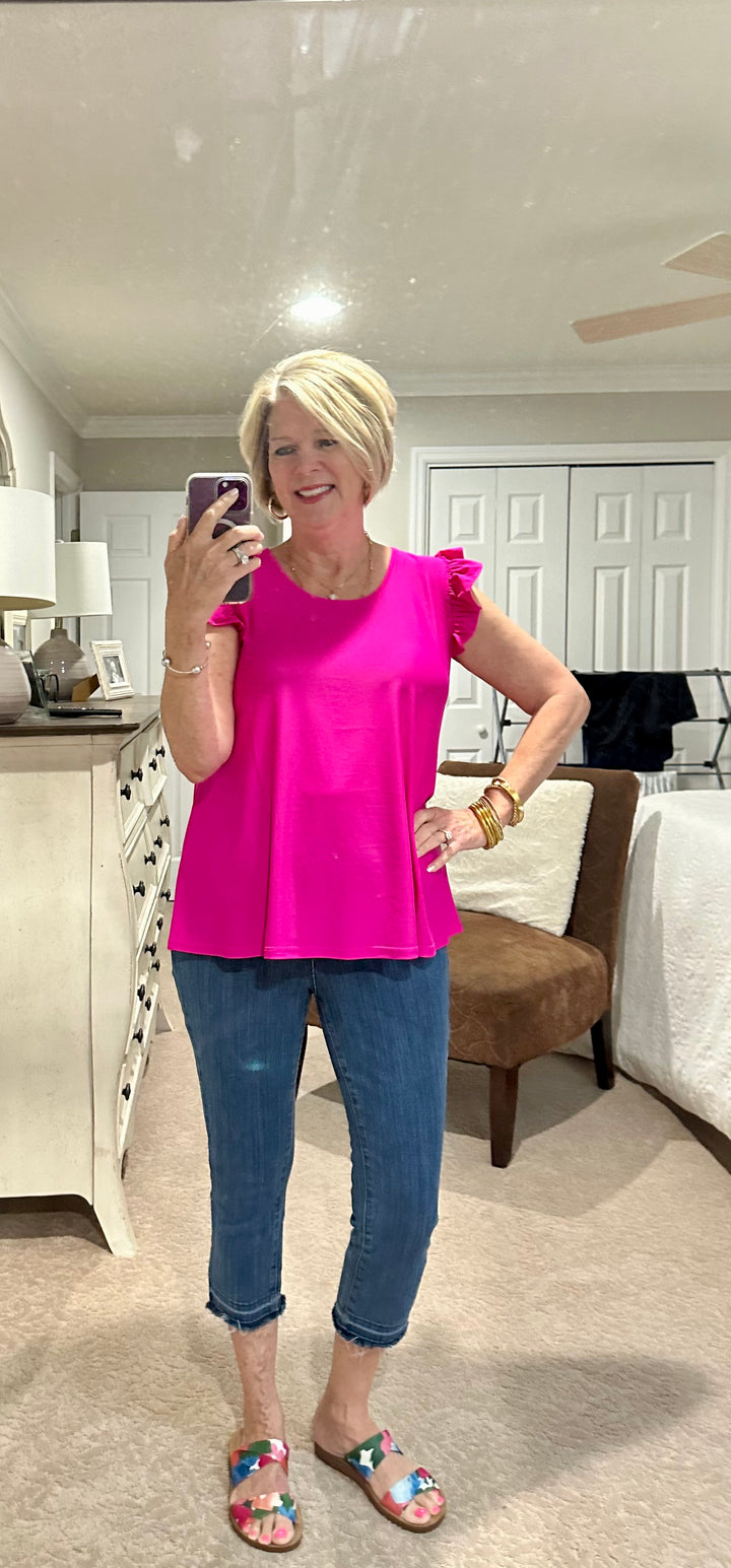 Ruffle Cap Sleeve Swing Top- Hot Pink